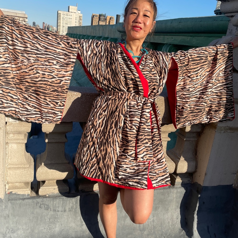 Leopard Print Kimono Robe with Red Accents